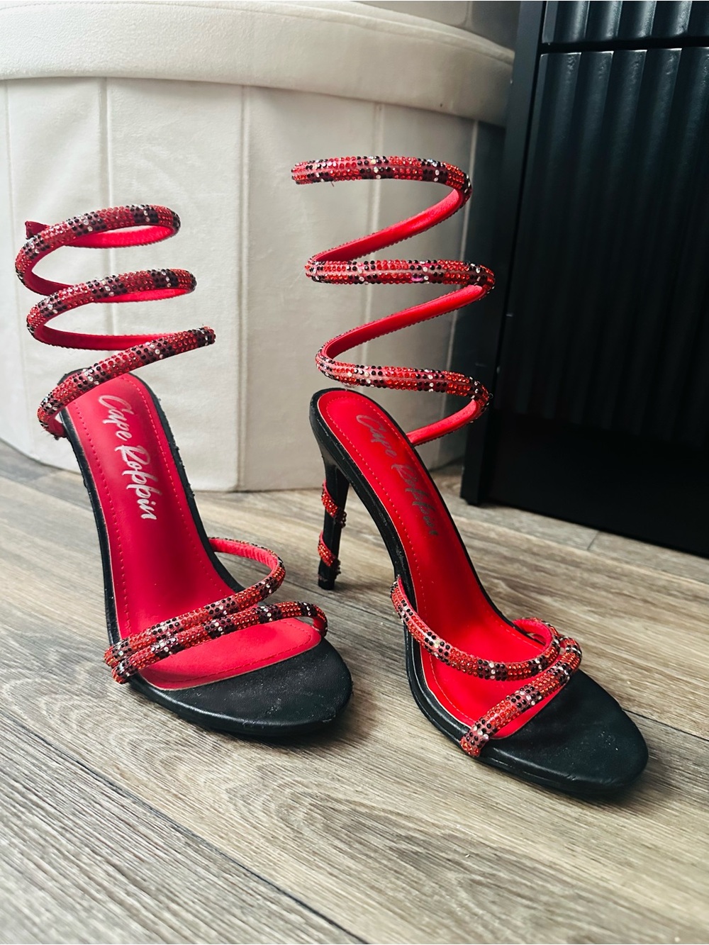 Cape Robbin Red Beaded Spiral Ankle-Strap Heels